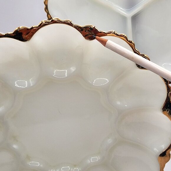 Anchor Hocking Milk Glass Divided Relish Tray And Deviled Egg Plate Gold Trim - Picture 9 of 10